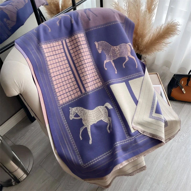 Bufandas de cachemir suave con estampado de caballos a cuadros