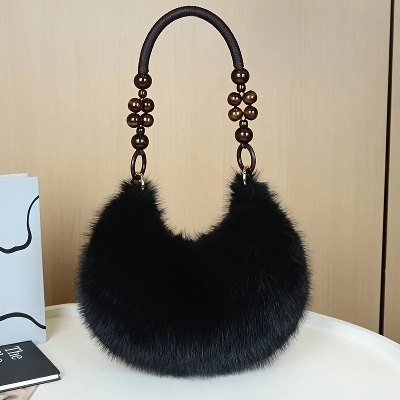 Plush Faux Tote Bead Accented Strap Zipper Closure Elegant Handbags
