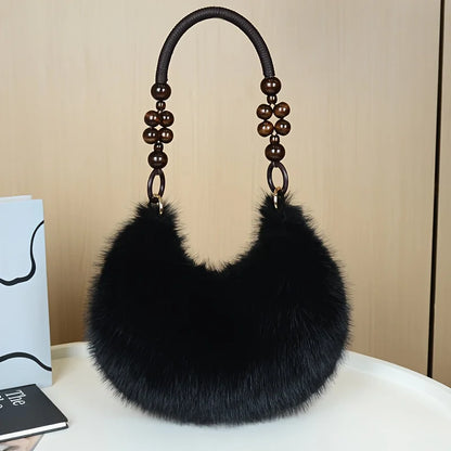 Plush Faux Tote Bead Accented Strap Zipper Closure Elegant Handbags