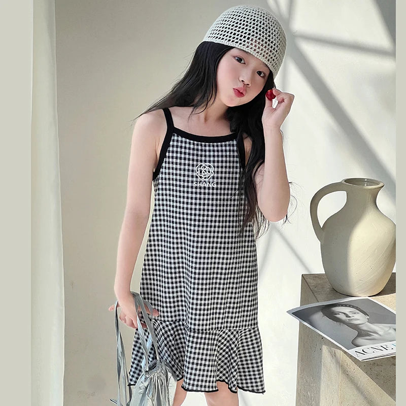 Girls Cotton Flower Dot Plaid Dress