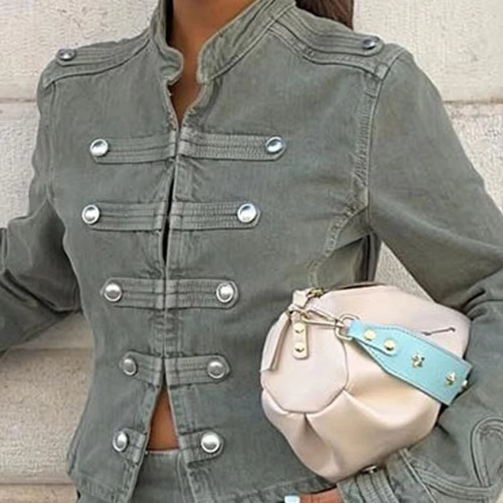 Denim Front Metal Button Decoration Long Sleeve Slim Jacket