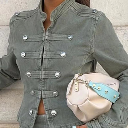 Denim Front Metal Button Decoration Long Sleeve Slim Jacket