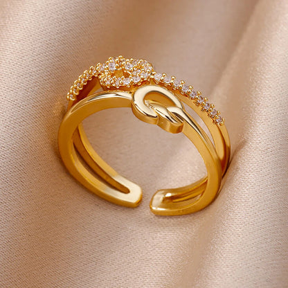Chain Hollow Out Gold Stainless Steel Zircon Cross Ring