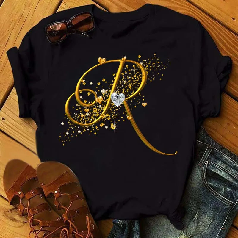 Custom Name Letter Diamond Gold Letter T-shirt