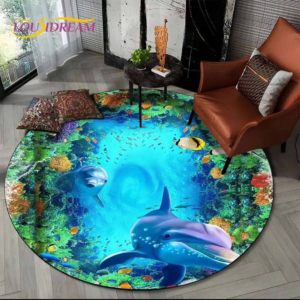 3D Seabed Illusion Underwater World Dolphin Round Area Rug