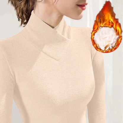 Semi High Neck V-neck Fleece Thermal T-shirt