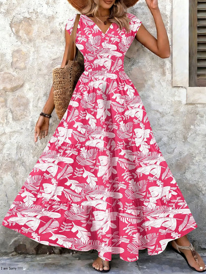 Vintage Floral Print Elegant V-Neck Short Sleeve Dress