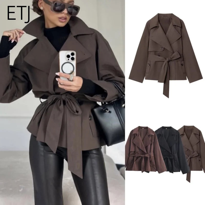 Autumn British style lapel double-breasted belt casual trench coat