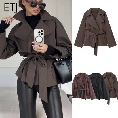 Autumn British style lapel double-breasted belt casual trench coat