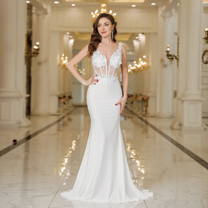 Elegant Straps Pearls Backless Dress