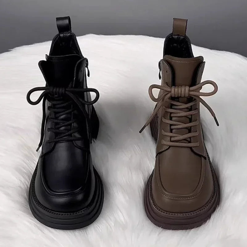 Plush Platform Warm Short Flat Bottom Lace Up Ankle Boots