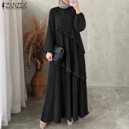 Modest Layered Plisse Patchwork Muslim Maxi Dress