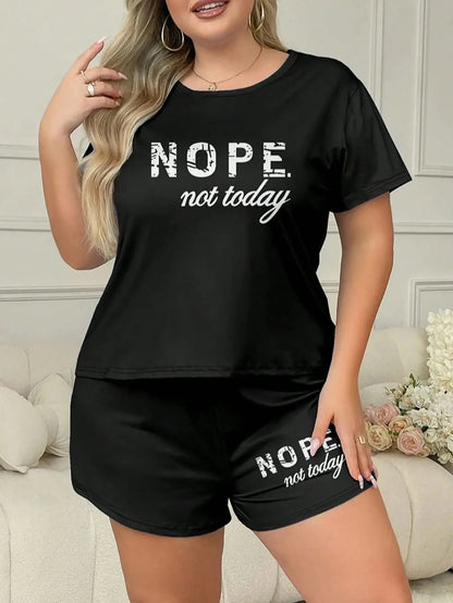 Letters Print Short Sleeve Tee And Elastic Shorts Plus Size Fit Pajama Set