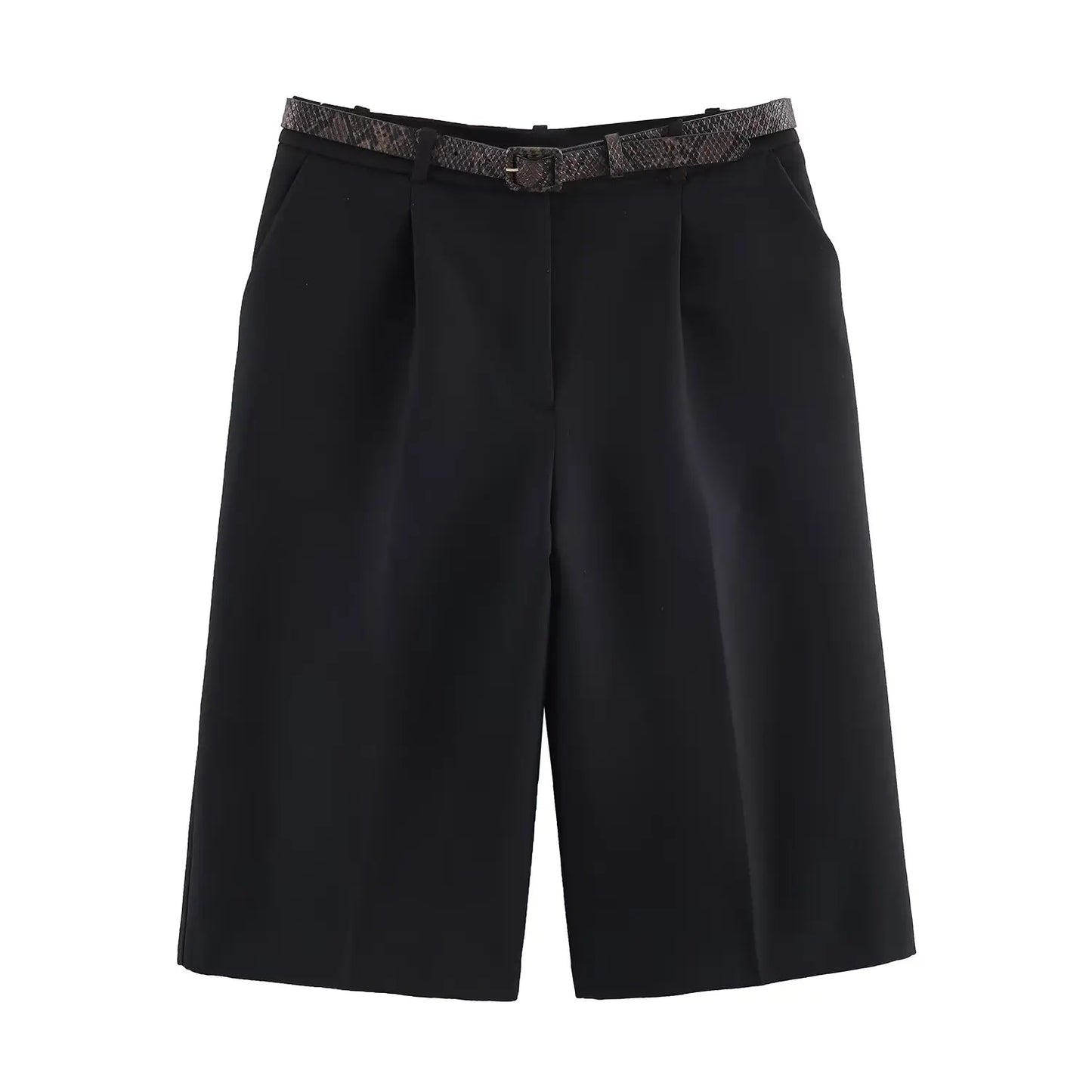 Long Style Casual Shorts Vintage High Waist With Belt Shorts