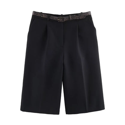 Long Style Casual Shorts Vintage High Waist With Belt Shorts