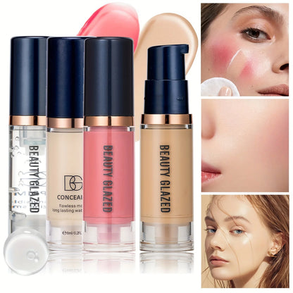 4Pcs Set Primer + Concealer + Liquid Foundation + Liquid Blush Matte Velvet Waterproof Foundation