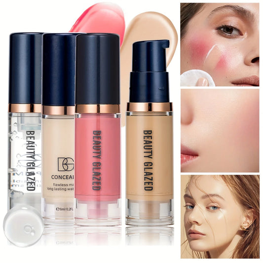 4Pcs Set Primer + Concealer + Liquid Foundation + Liquid Blush Matte Velvet Waterproof Foundation