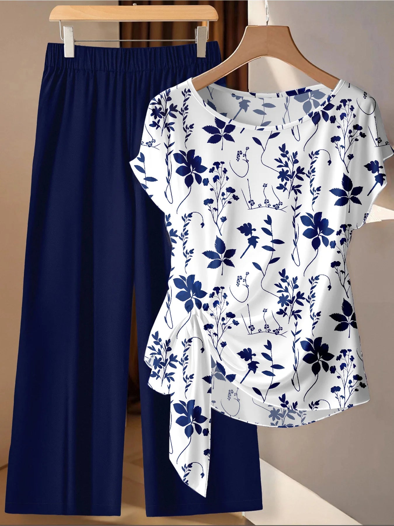 Casual Plus Size White Plant Pattern Twisted Wide Leg Pants Set