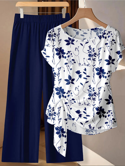 Casual Plus Size White Plant Pattern Twisted Wide Leg Pants Set