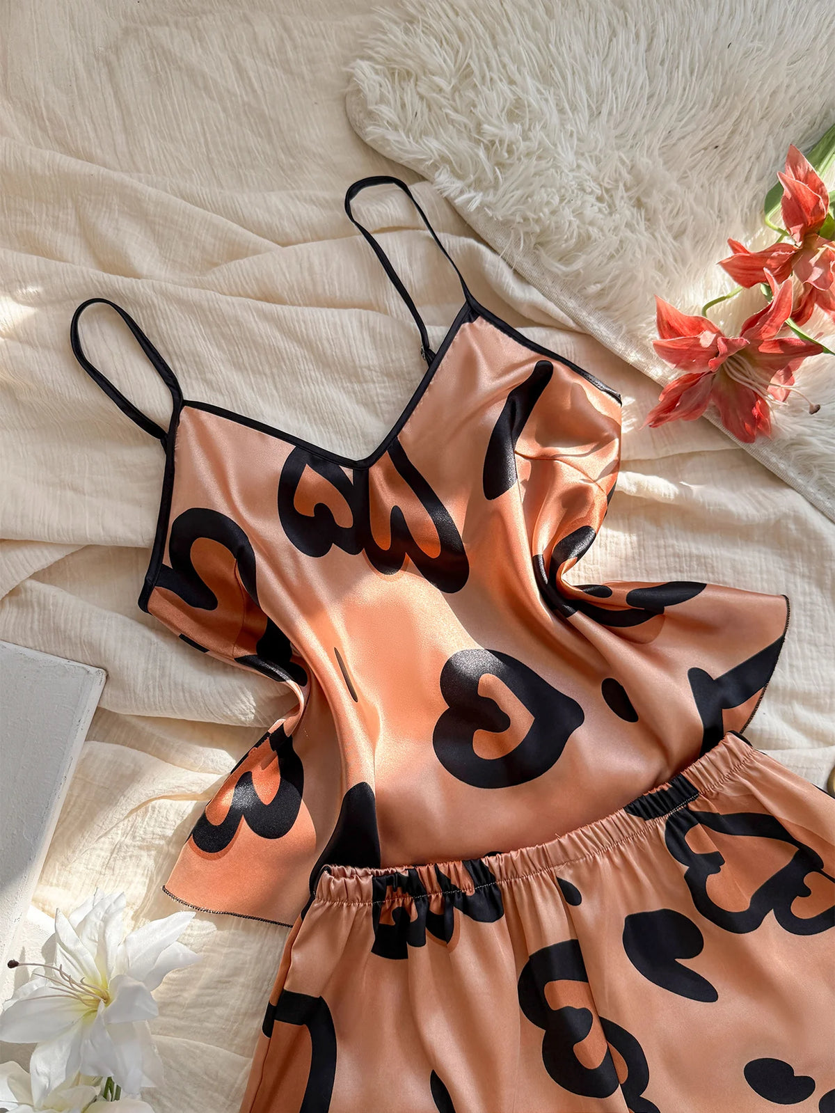 Heart Print Spaghetti Strap Sleepwear Bold Loungewear Pajama Sets