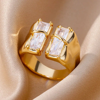Chain Hollow Out Gold Stainless Steel Zircon Cross Ring