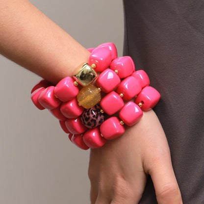 Pink Square Breaded Elastic Resin Geometric Beads Stretch Cuff Bangle Bracelets