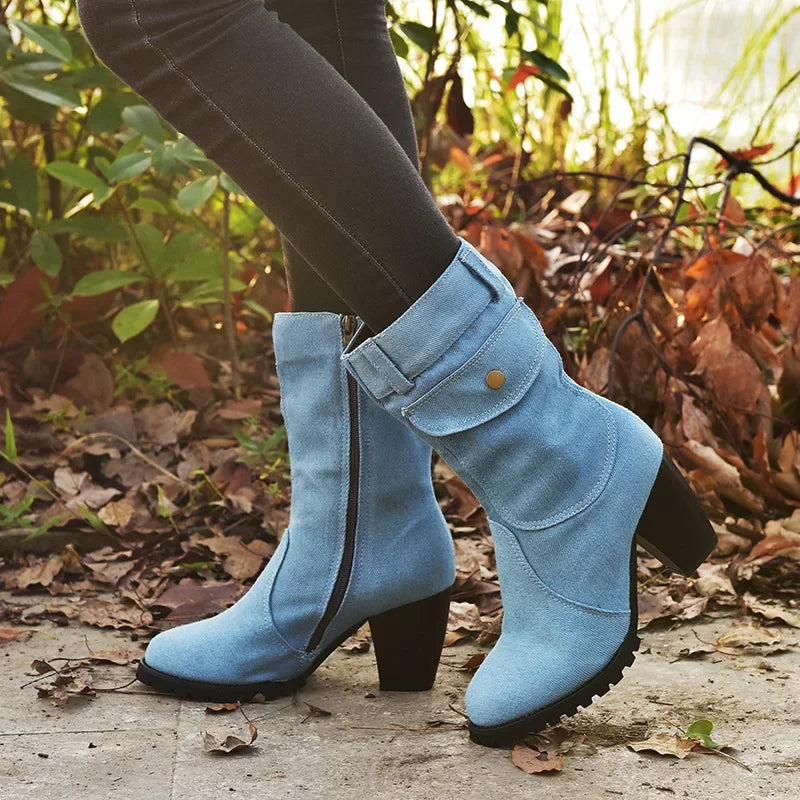 Cowboy Pointed Denim Casual Temperament High Heels Boots