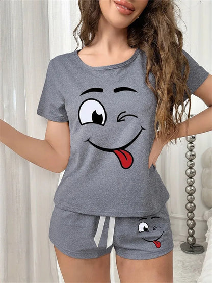 Cute smile face Print Short Sleeve Soft Cotton Pajamas Set