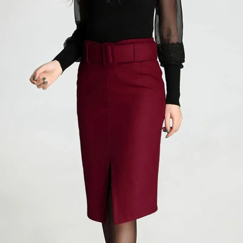 large size high waist mid-length wool skirt
