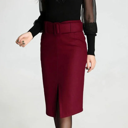 large size high waist mid-length wool skirt