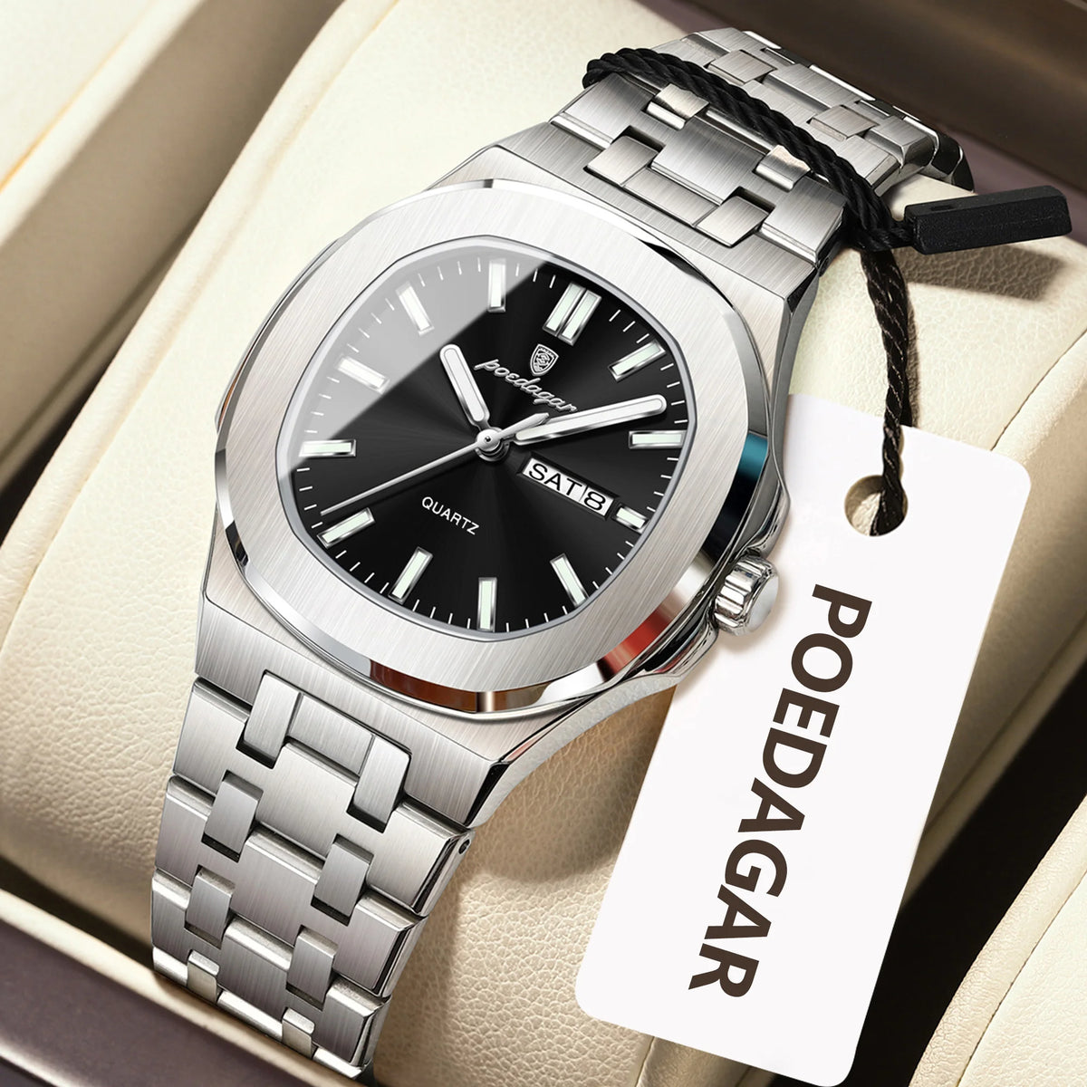 Square Date Week Waterproof Luminous Stainless Steel Quartz Watches
