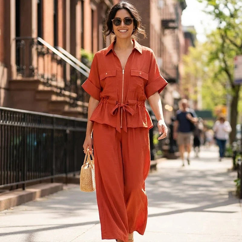 Solid Front Zipper Shirts & Vintage Pants Sets