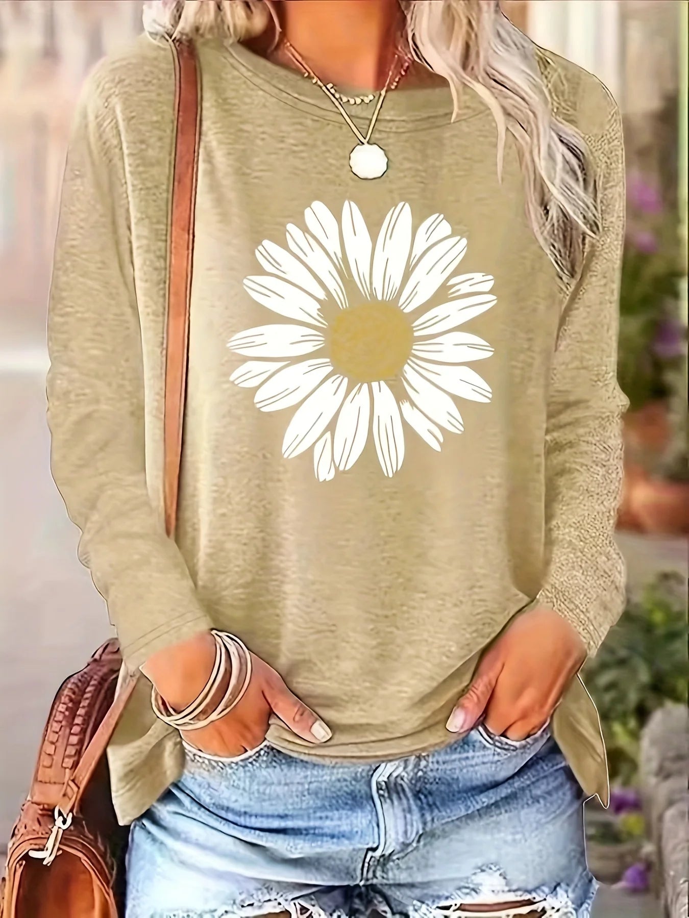 100% pure cotton loose sunflower long sleeved T-shirt