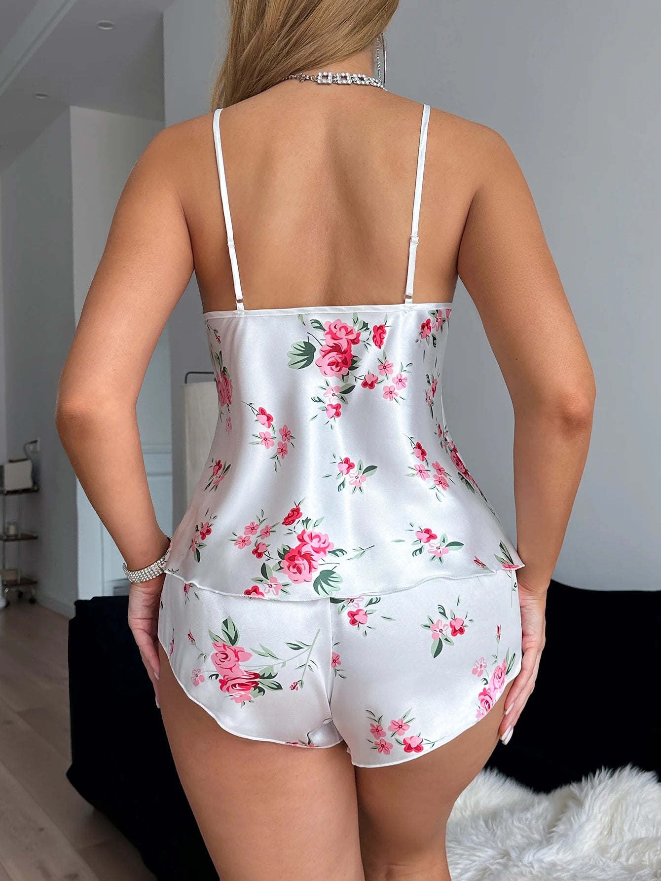 Ice Silk Stain Floral Printed Halter Tops and Shorts Pajamas Set