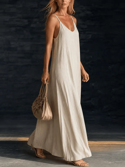 Loose Stain A-Line Long Dress with Thin Straps