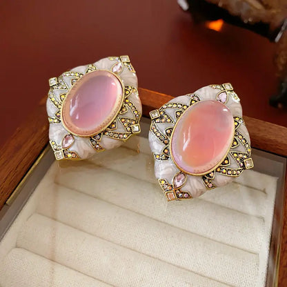 Vintage Red Resin Stud large Geometric Oval earrings