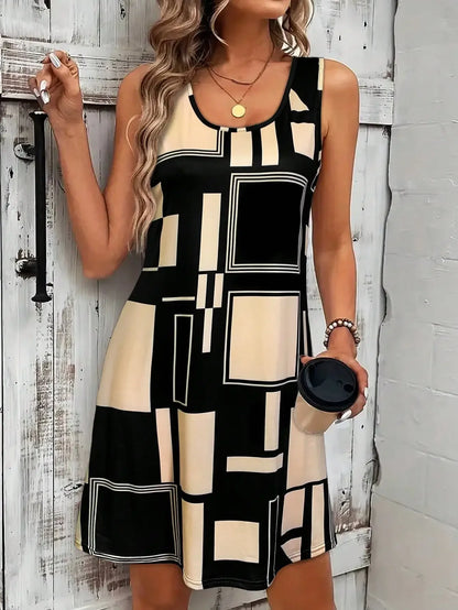 Geometric Pattern Sleeveless Midi Dress