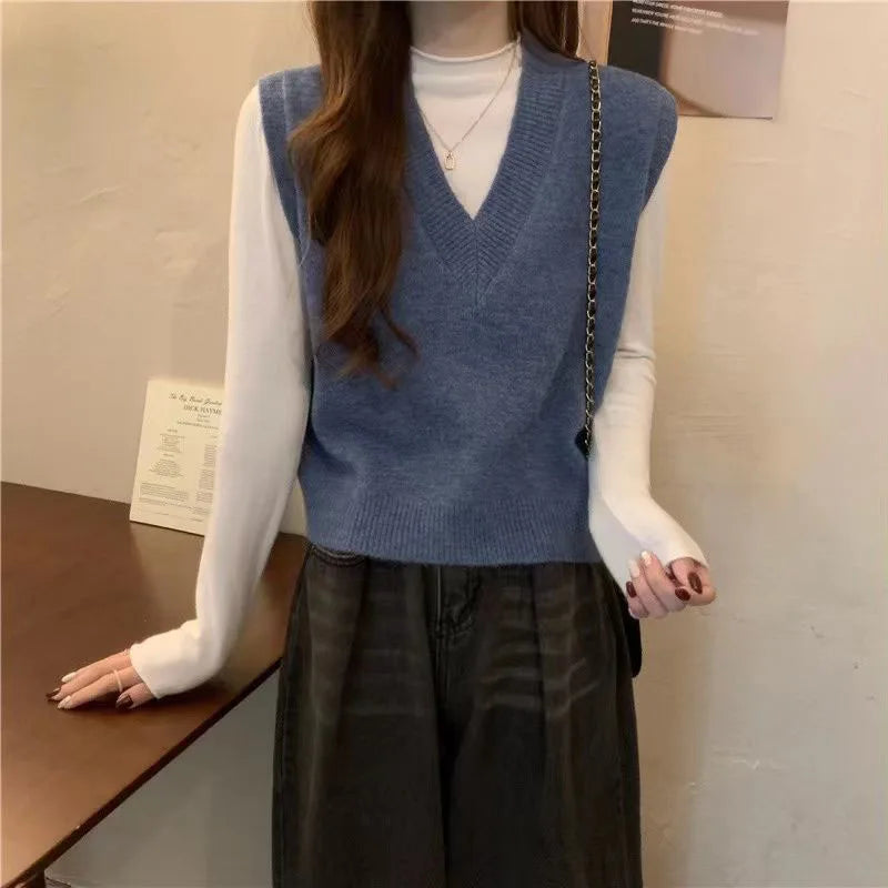 V-neck Knitted Vest Vintage Sleeveless Sweater Waistcoat Korean Chic