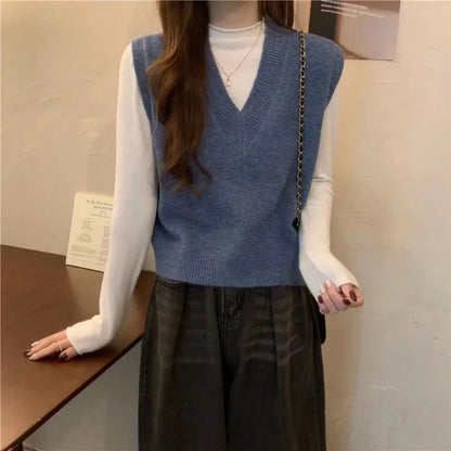 V-neck Knitted Vest Vintage Sleeveless Sweater Waistcoat Korean Chic