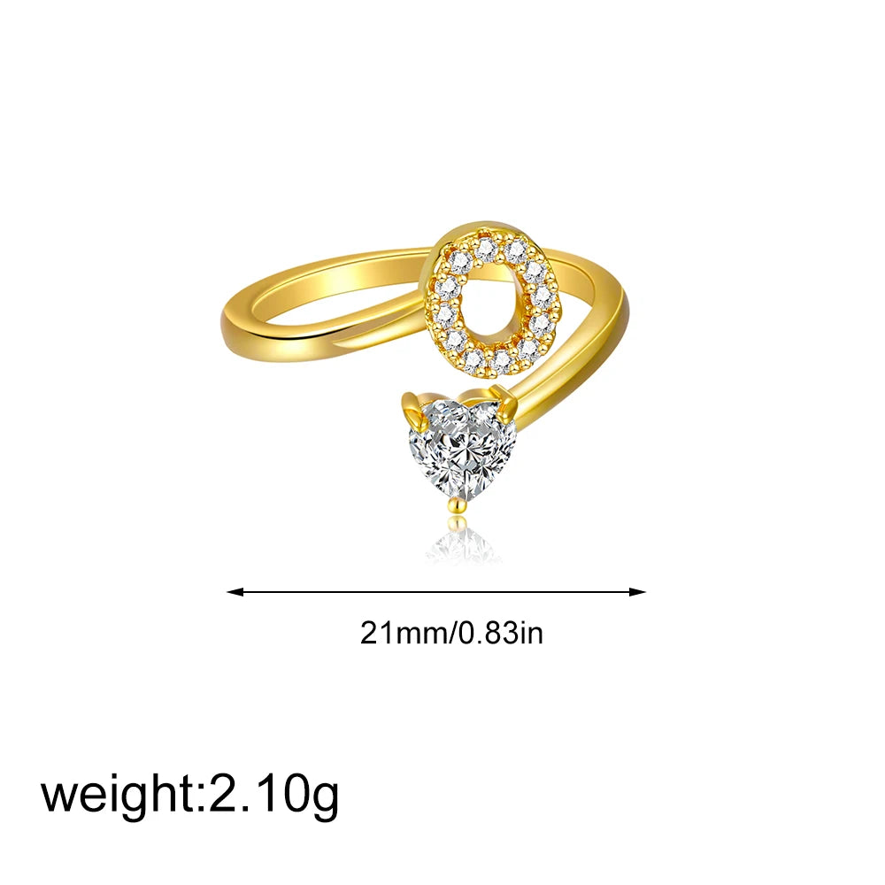 Gold Letter Open Heart Shape Cubic Zirconia  A-Z 26 Letter  Lnitials Rings