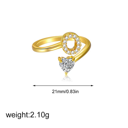 Gold Letter Open Heart Shape Cubic Zirconia  A-Z 26 Letter  Lnitials Rings