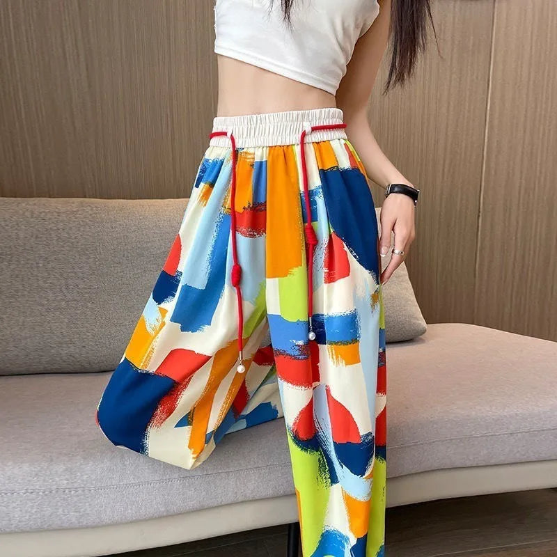 Colorful Graffiti Print Wide Leg Elastic Waist Drawstring Loose Pants