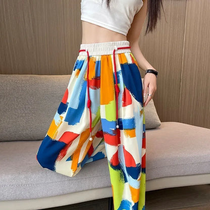 Colorful Graffiti Print Wide Leg Elastic Waist Drawstring Loose Pants