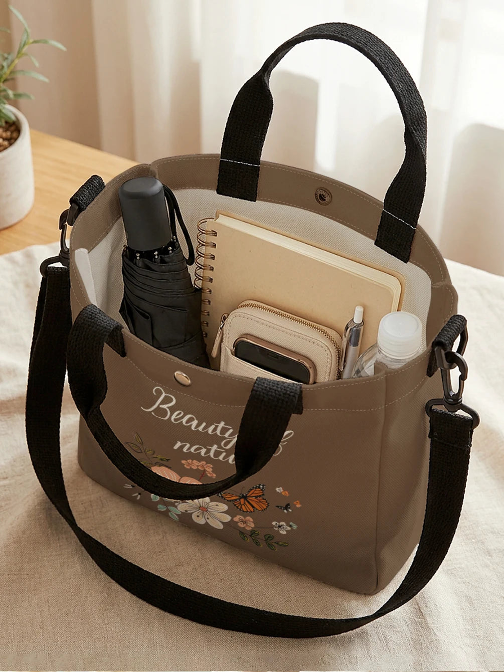 Floral Butterfly Letter Print Brown Canvas Tote Bag