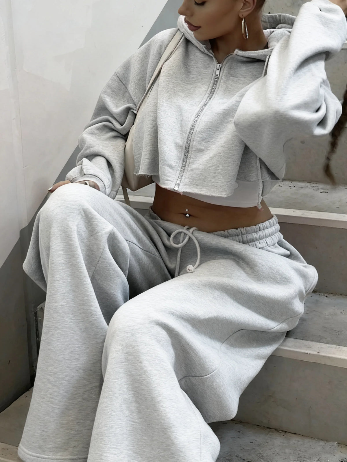 Zip-up Cropped Sweatshirt and Long Pants Casual Hoodies Sweatpants Set