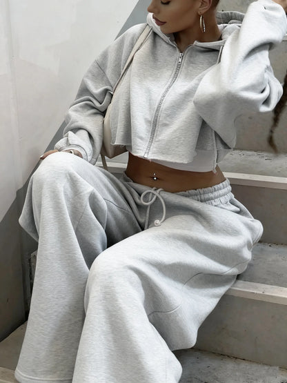 Zip-up Cropped Sweatshirt and Long Pants Casual Hoodies Sweatpants Set