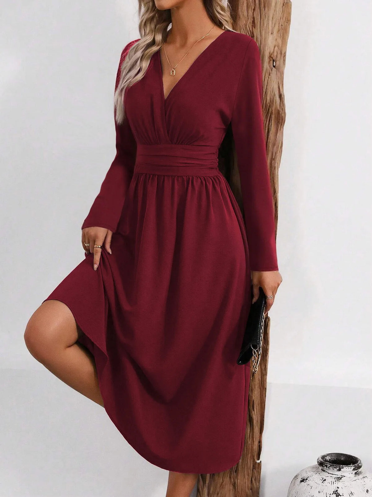 Elegant V-Neck Long Sleeve with Waist Shirring Bodycon Long Maxi Dress