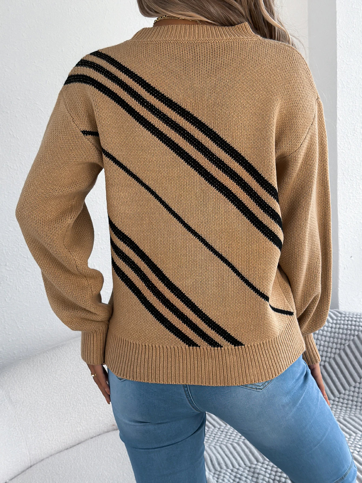 Twill Texture Color Block Round Neck Long Sleeve Cabin Core Knit Pullover