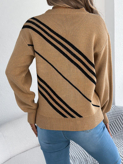 Twill Texture Color Block Round Neck Long Sleeve Cabin Core Knit Pullover
