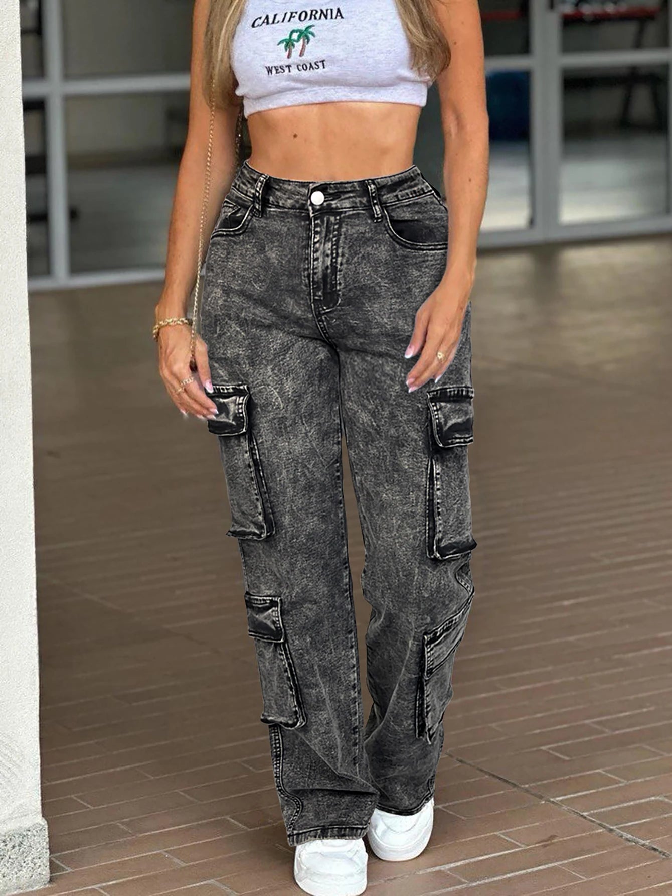 Multi-Flap Pocket Straight Leg Cargo Jeans